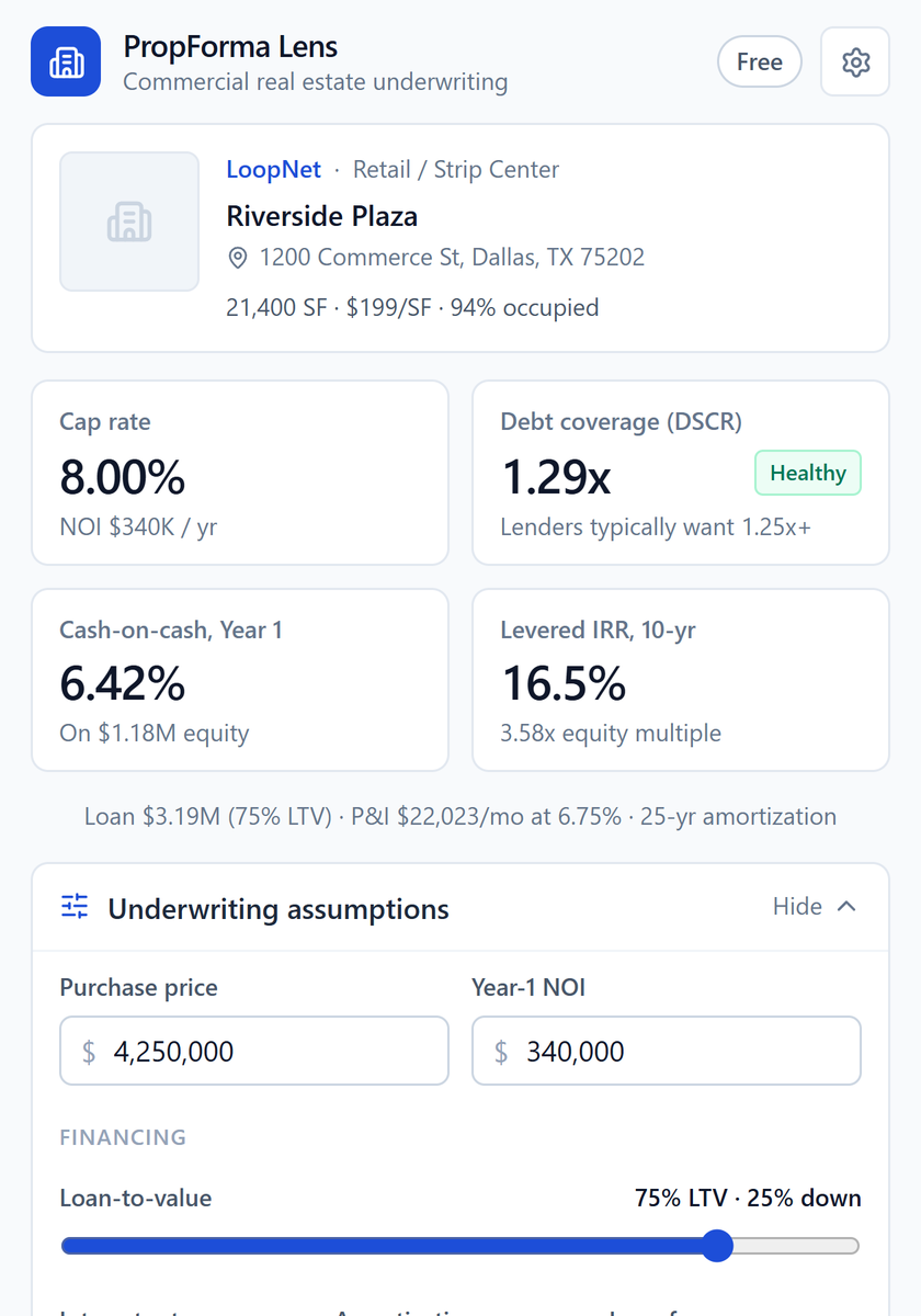 Assumption editor with leverage, rate, vacancy, expense and exit inputs